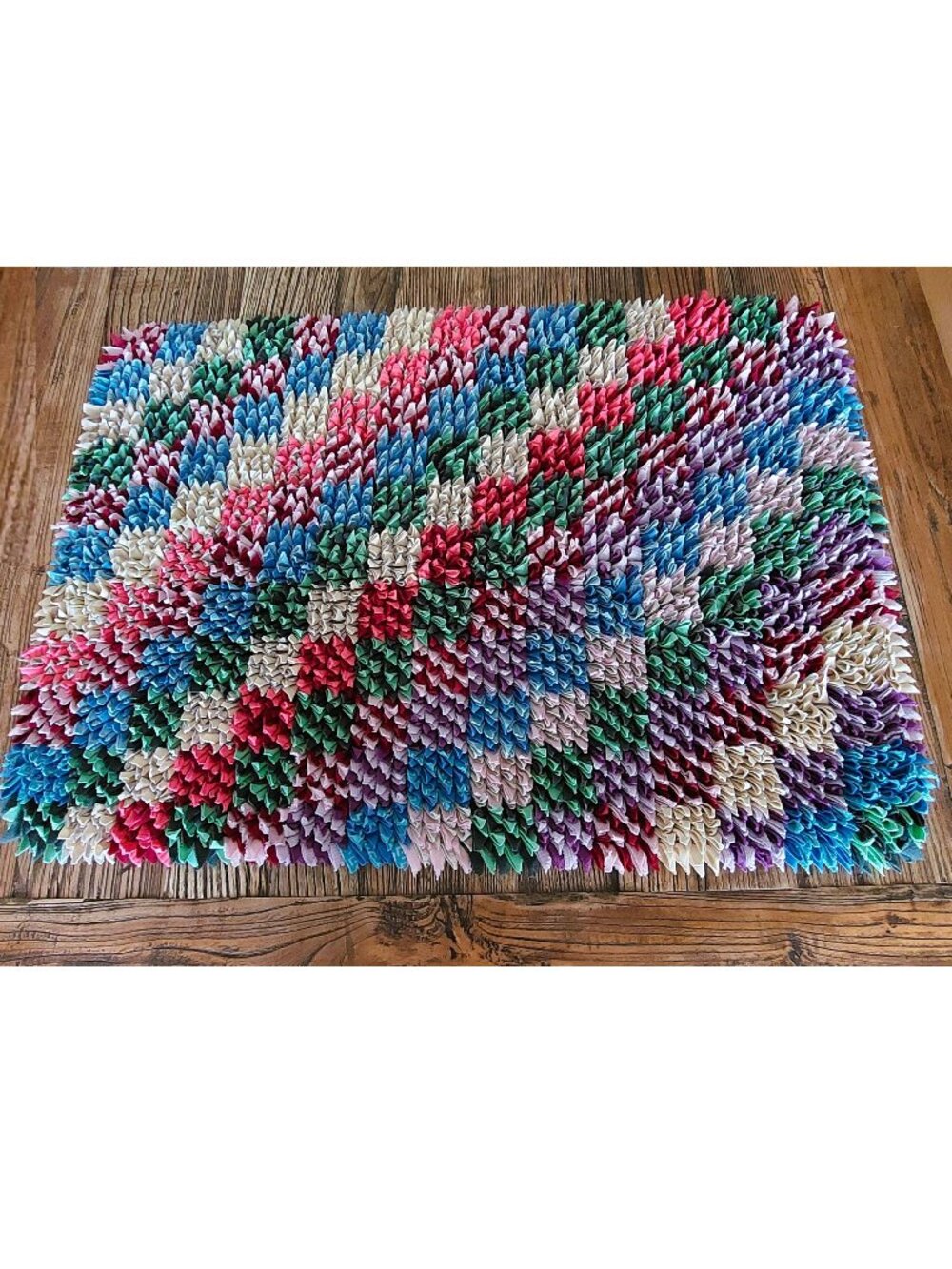 Vintage 70s Handmade Folded Proggy Scrap Rug Door Mat Folk Art Colorful 31 x 21"